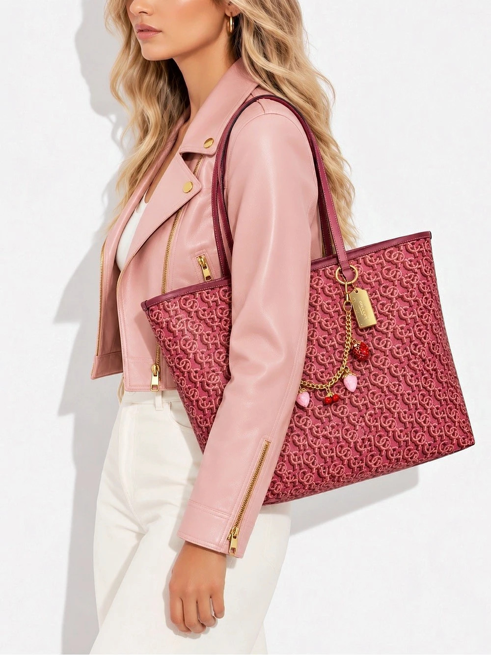 Coach Monogram City Tote Bag in Rouge Pink with charm